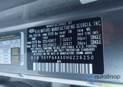 2017 Kia Sorento 2.4L L from USA, damaged, VIN 5XYPG4A30HG226250